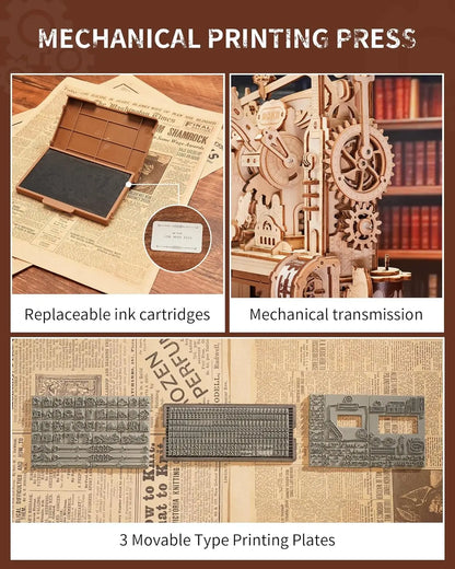 Rompecabezas de madera 3D de imprenta clásica con engranajes mecánicos para adultos